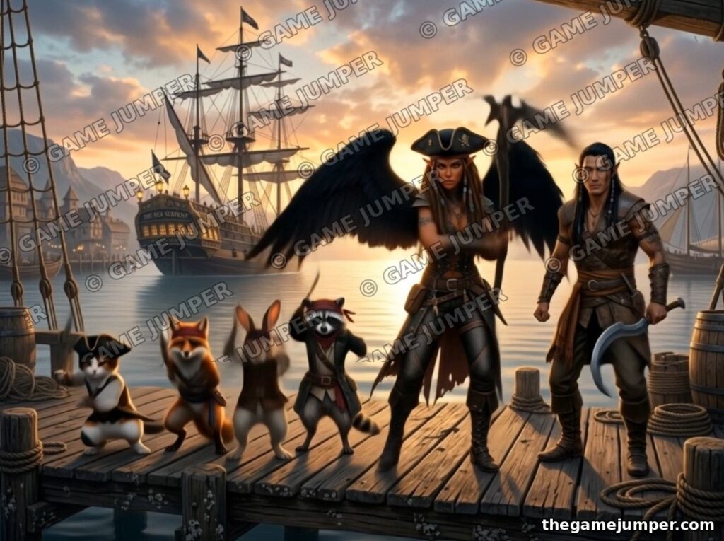 Sunset on the Docks — Digital Art — Steampunk Pirate Crew fantasy digital art by Game Jumper Fairy Shop