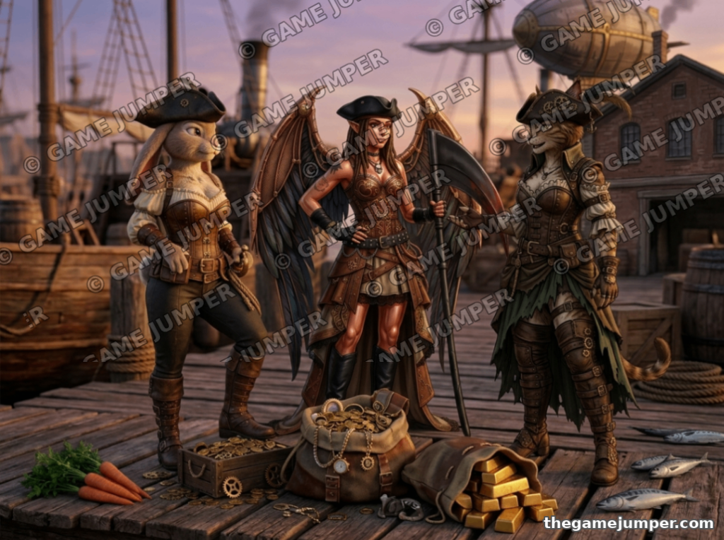 The Amber Wake at Dawn — Digital Art — Steampunk Pirate Crew fantasy digital art by Game Jumper Fairy Shop