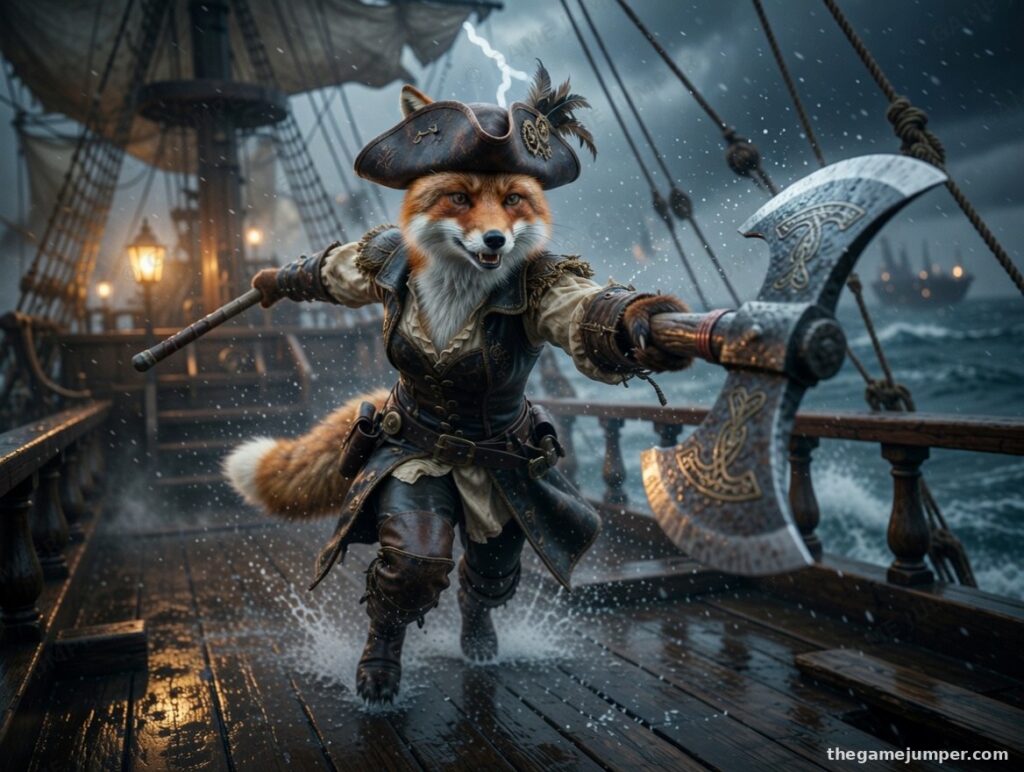 Fox Pirate with Double-Headed Axe on Steampu - Original Fantasy Art