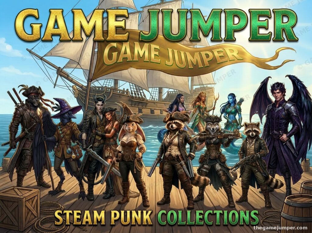 Three Steampunk Pirate Adventurers on Sunset - Original Fantasy Art