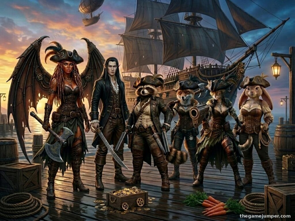 Three Steampunk Pirates Gathering Around Sto - Original Fantasy Art