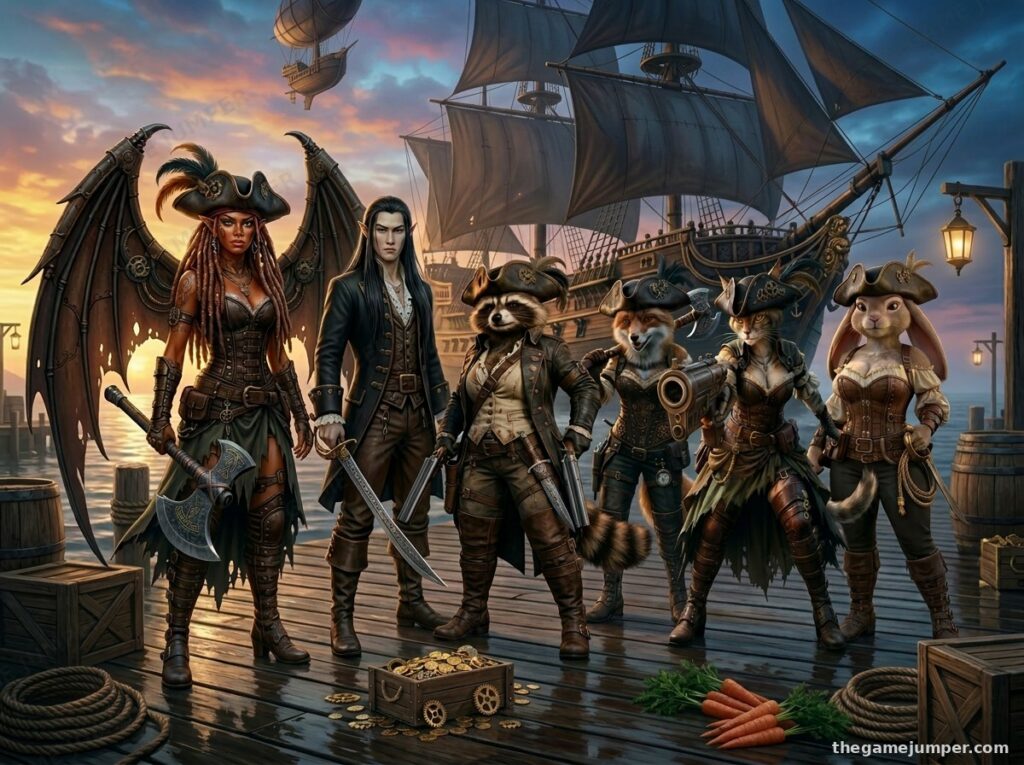 Female Pirate Trio with Sacks of Gold on Woo - Original Fantasy Art